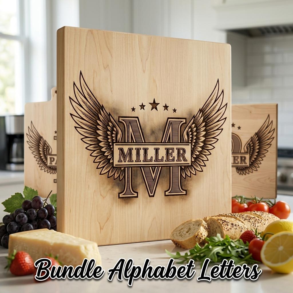 Winged W Monogram Alphabet Bundle, Family Name Laser Engraving Designs