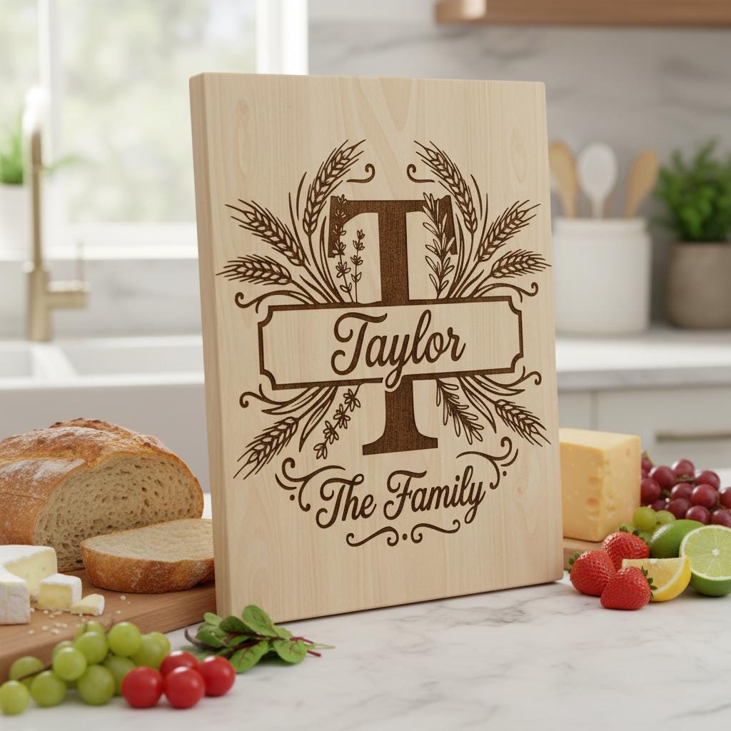 Chopping Board Engraving Template, Family Name Monogram Bundle, Wheat Supper