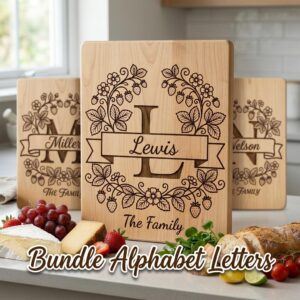 Family Monogram, Strawberry Alphabet, Custom Surname Chopping Board Design
