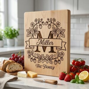Family Monogram, Strawberry Alphabet, Custom Surname Chopping Board Design