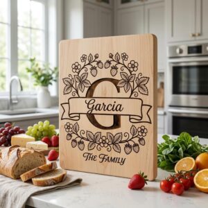 Family Monogram, Strawberry Alphabet, Custom Surname Chopping Board Design