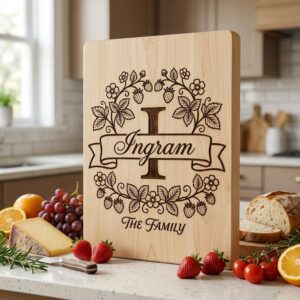 Family Monogram, Strawberry Alphabet, Custom Surname Chopping Board Design