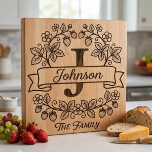 Family Monogram, Strawberry Alphabet, Custom Surname Chopping Board Design