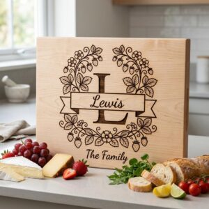 Family Monogram, Strawberry Alphabet, Custom Surname Chopping Board Design