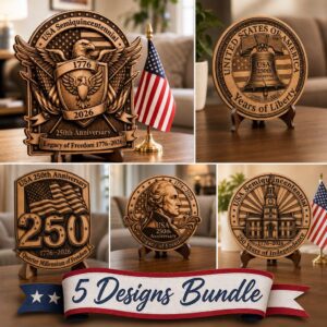 USA 250th Anniversary Laser Design, Patriotic 3D Illusion Wood Sign PNG