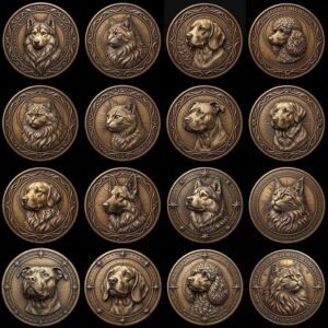 Celtic Dog Pet Memorial Coin Depth Map, Bronze Medallion Relief Engraving PNG