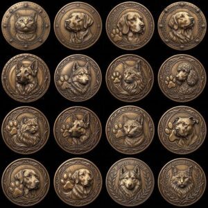 Celtic Dog Pet Memorial Coin Depth Map, Bronze Medallion Relief Engraving PNG
