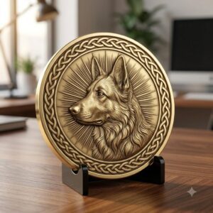 Celtic Dog Pet Memorial Coin Depth Map, Bronze Medallion Relief Engraving PNG