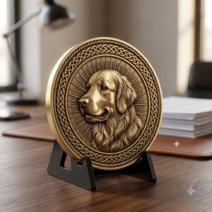 Celtic Dog Pet Memorial Coin Depth Map, Bronze Medallion Relief Engraving PNG