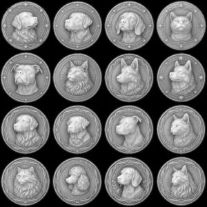 Celtic Dog Pet Memorial Coin Depth Map, Bronze Medallion Relief Engraving PNG