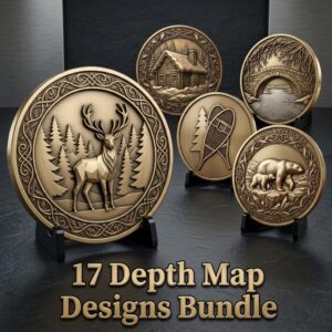 Christmas Log Cabin Coin Laser Engraving Design, Winter 3D Relief Depth Map