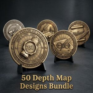 250th Anniversary 3D Illusion Challenge Coin, Laser Depth Map PNG Engraving