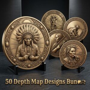 50 Native Warrior Challenge Coin 3D Depth Maps, Laser Engraving Relief Designs