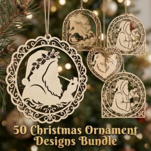 50 Vintage Santa Christmas Ornament Designs, Engraved Victorian Wood Baubles