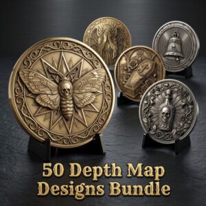 Gothic Skull and Raven Memento Mori Coin, Laser Engraving Depth Map PNG Bundle