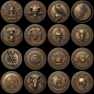 Gothic Skull and Raven Memento Mori Coin, Laser Engraving Depth Map PNG Bundle
