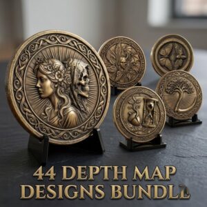 Gothic Skull Rose Coin Relief, 3D Depth Map, Laser Engraving PNG Bundle