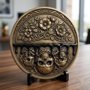 Gothic Skull Rose Coin Relief, 3D Depth Map, Laser Engraving PNG Bundle
