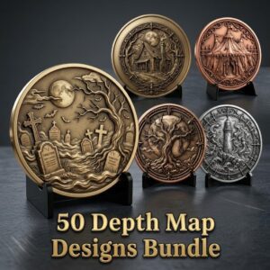 Halloween Laser Engraving Depth Map, Spooky Haunted Architecture Coin Relief