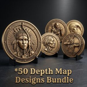 Native American Warrior Coin Laser Engraving Files, 50 3D Depth Map PNG Bundle