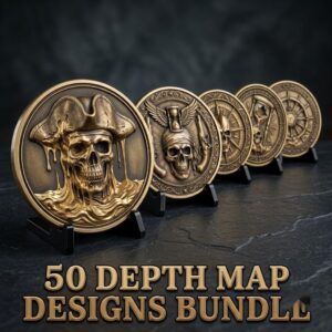 Pirate Challenge Coin, 3D Depth Map, Skull Art Relief, PNG Bundle of 50