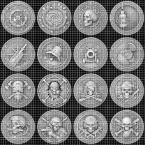 Pirate Challenge Coin, 3D Depth Map, Skull Art Relief, PNG Bundle of 50