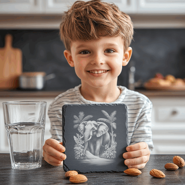 Adorable Elephant Slate Coaster Engraving PNG, 3D Illusion,