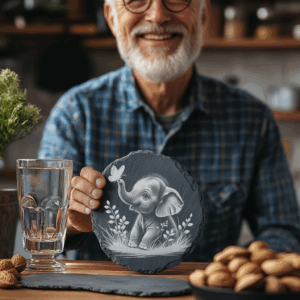 Baby Elephant and Butterfly Laser Engraved Slate Coaster