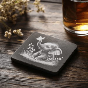 Baby Elephant and Butterfly Laser Engraved Slate Coaster