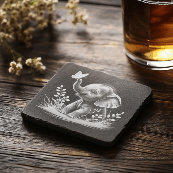 Baby Elephant and Butterfly Laser Engraved Slate Coaster