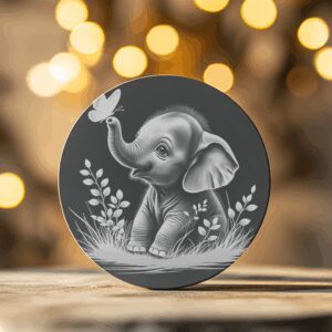 Baby Elephant and Butterfly Laser Engraved Slate Coaster