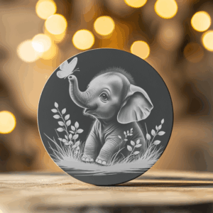 Baby Elephant and Butterfly Laser Engraved Slate Coaster
