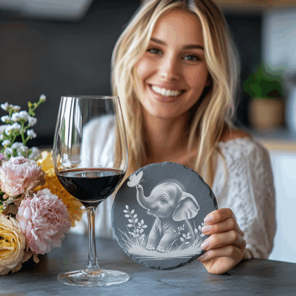 Baby Elephant and Butterfly Laser Engraved Slate Coaster