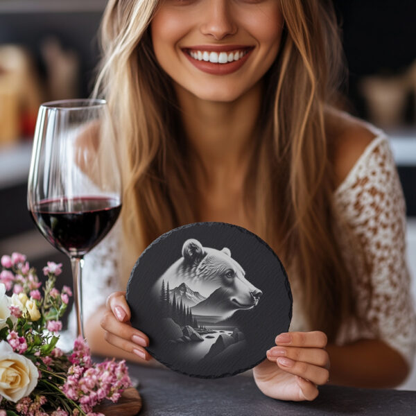 Bear Slate Coaster Engraving Design, Rustic Nature Decor,
