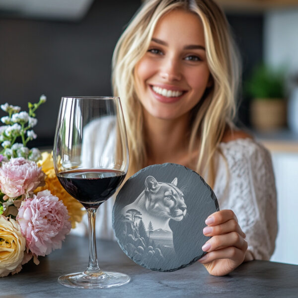 Cougar Slate Coaster Engraving PNG, Wild Animal Decor,