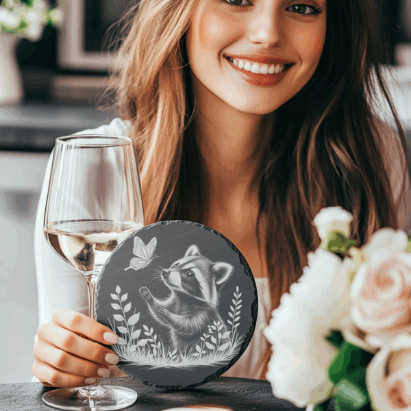 Dog and Butterfly Slate Coaster Design, Rustic Laser