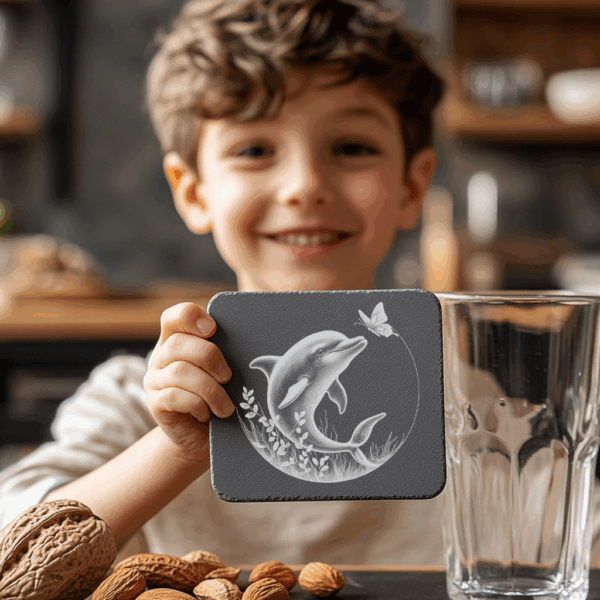 Dolphin and Butterfly Slate Coaster Engraving Art, Digital