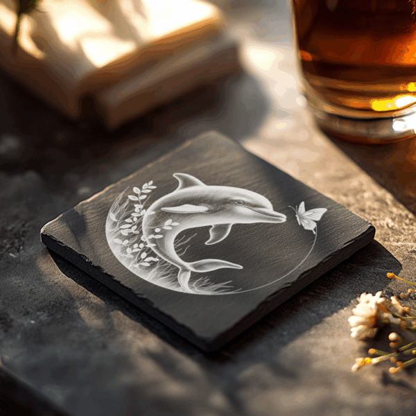 Dolphin and Butterfly Slate Coaster Engraving Art, Digital
