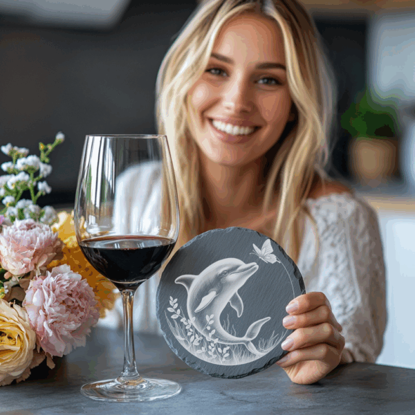 Dolphin and Butterfly Slate Coaster Engraving Art, Digital