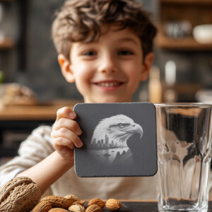 Eagle Head Cityscape Slate Coaster Design, Laser Engraved