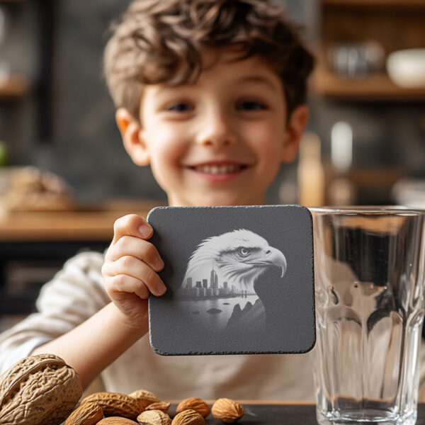 Eagle Head Cityscape Slate Coaster Design, Laser Engraved