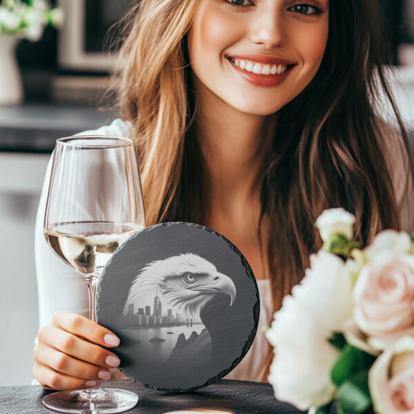 Eagle Head Cityscape Slate Coaster Design, Laser Engraved