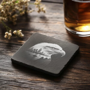 Eagle Head Cityscape Slate Coaster Design, Laser Engraved