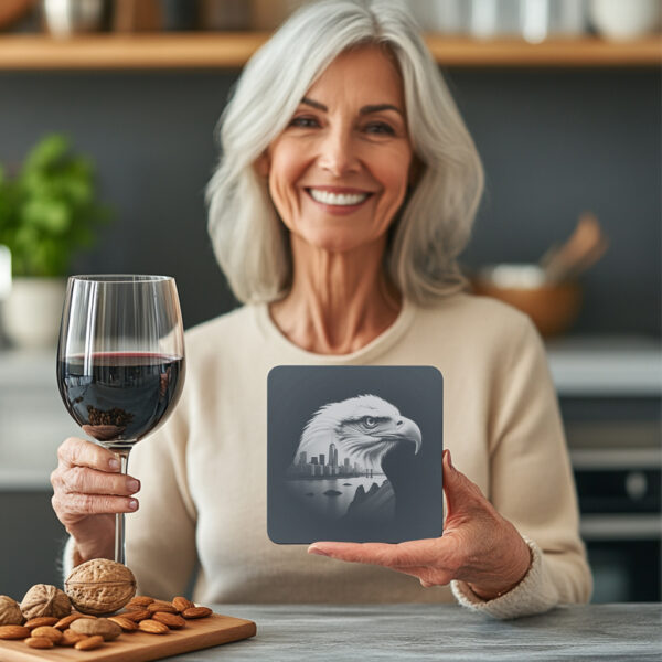 Eagle Head Cityscape Slate Coaster Design, Laser Engraved