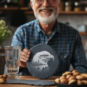 Eagle Head Cityscape Slate Coaster Design, Laser Engraved