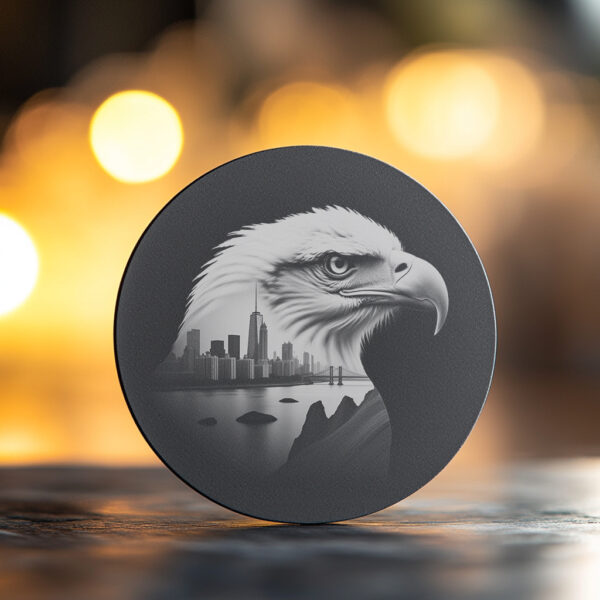 Eagle Head Cityscape Slate Coaster Design, Laser Engraved
