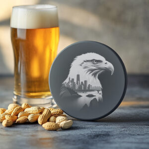 Eagle Head Cityscape Slate Coaster Engraving File, High-Res