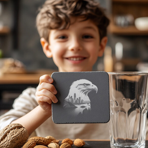 Eagle Head Cityscape Slate Coaster Engraving File, High-Res