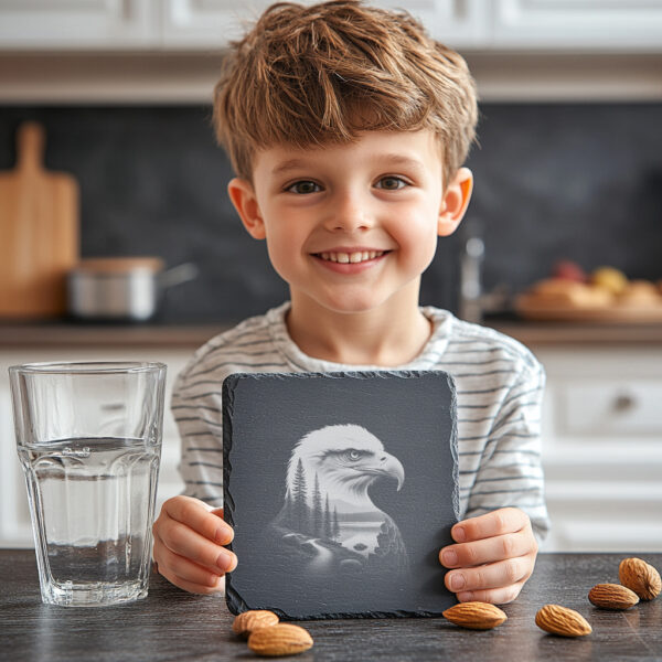 Eagle Head Forest Slate Coaster Engraving Design, PNG