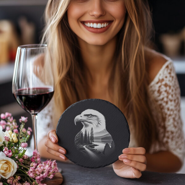 Eagle Head Forest Slate Coaster Engraving Design, Rustic